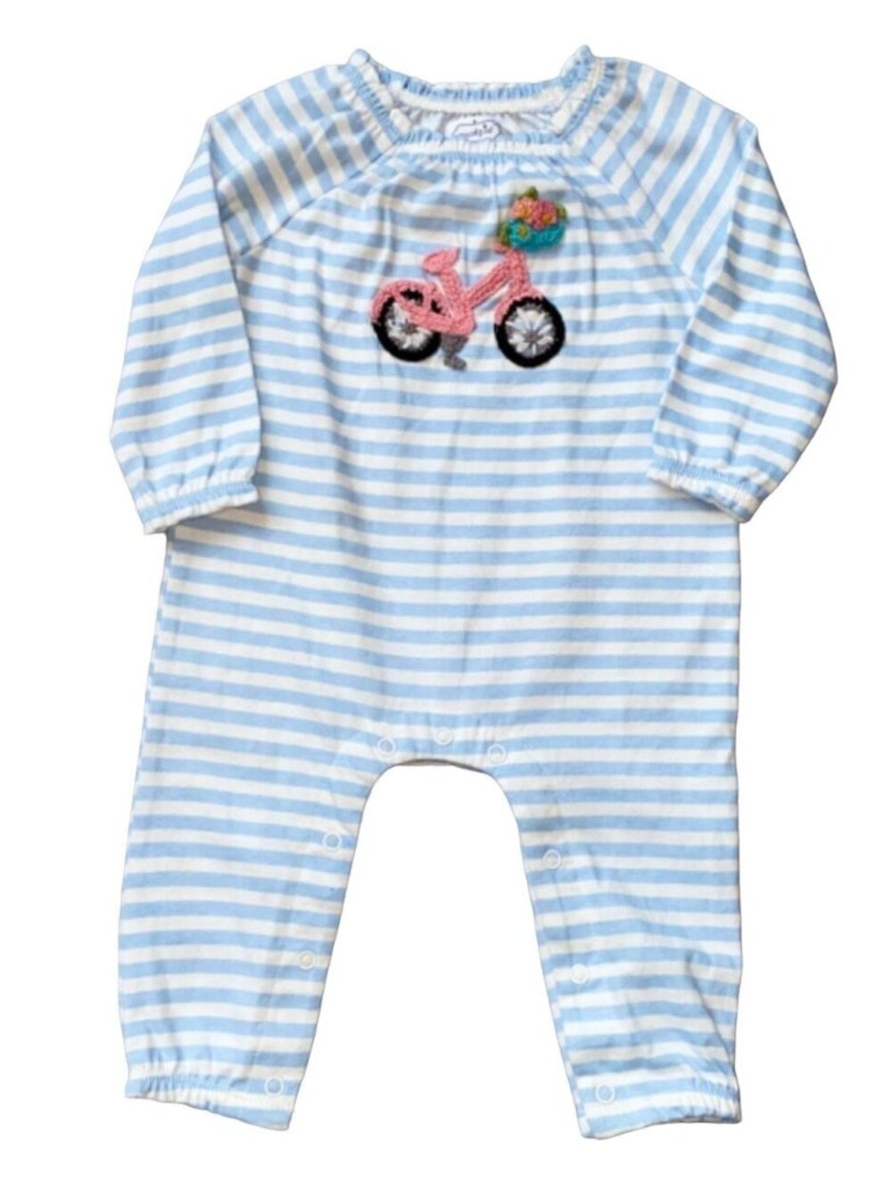 Mud Pie 3-6m NWT crochet bike bicycle applique romper blue white striped flowers